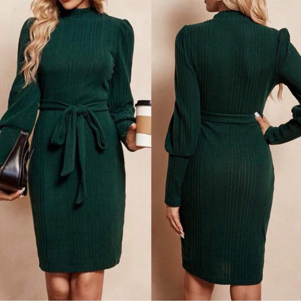 Classic Green Ribbed High Neck Belted Long sleeve Dress - Picture 2 of 2